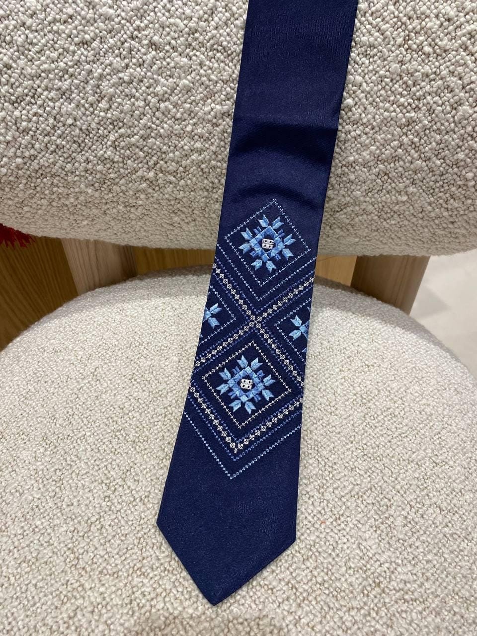 Men's blue embroidered tie with Ukrainian folk ornament on a textured fabric, perfect gift for him, ethnic style necktie.