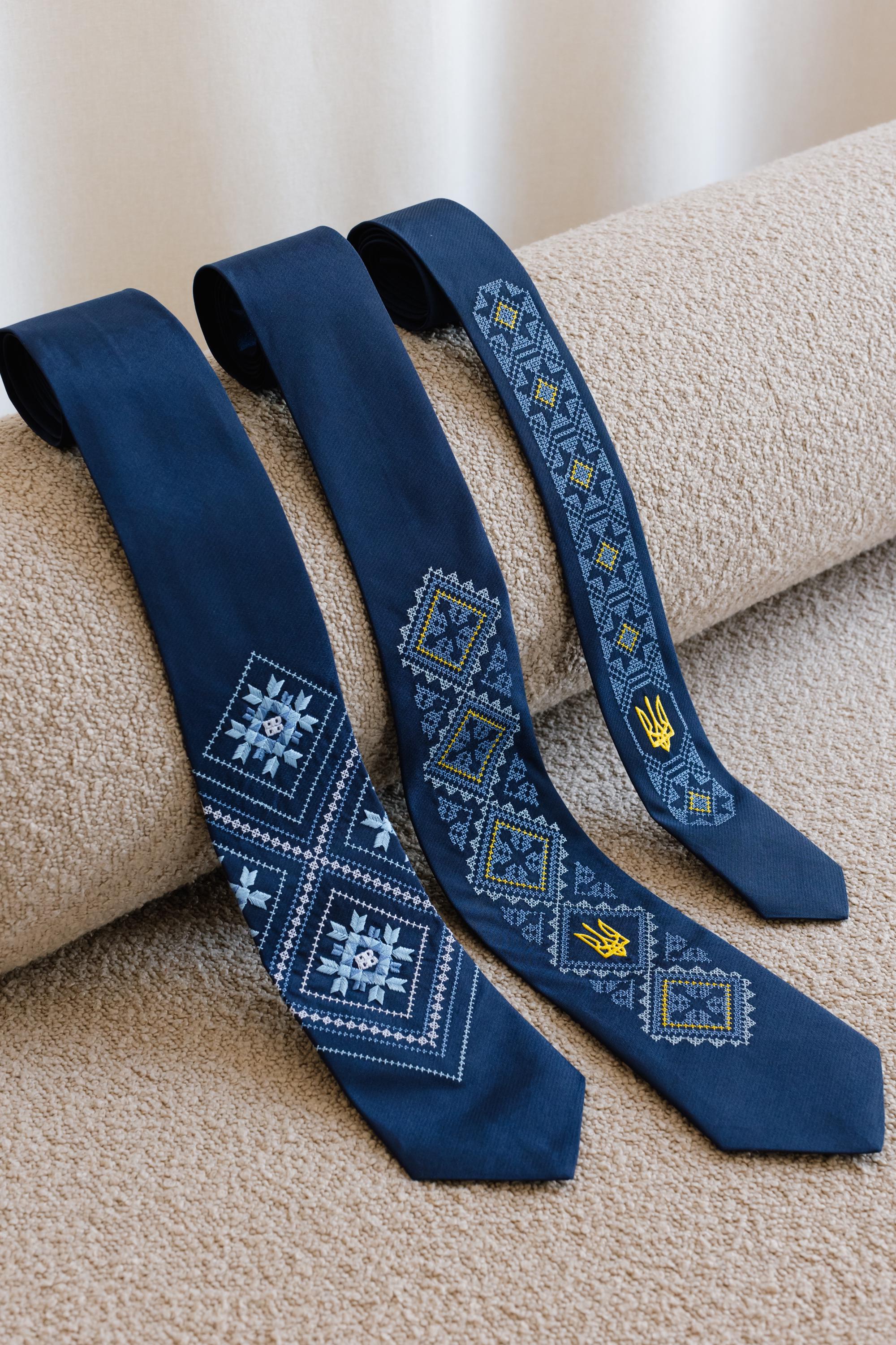 Blue embroidered men's ties with Ukrainian folk patterns, elegant ethnic neckties, perfect for formal or festive occasions.