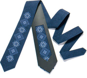Men’s blue embroidered tie with Ukrainian folk design, perfect for weddings or formal events, adds ethnic charm to suits.