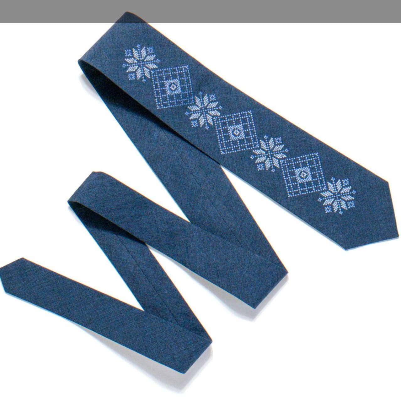 Men's blue embroidered tie with Ukrainian folk design, perfect as a wedding accessory or gift, crafted from high-quality fabric.
