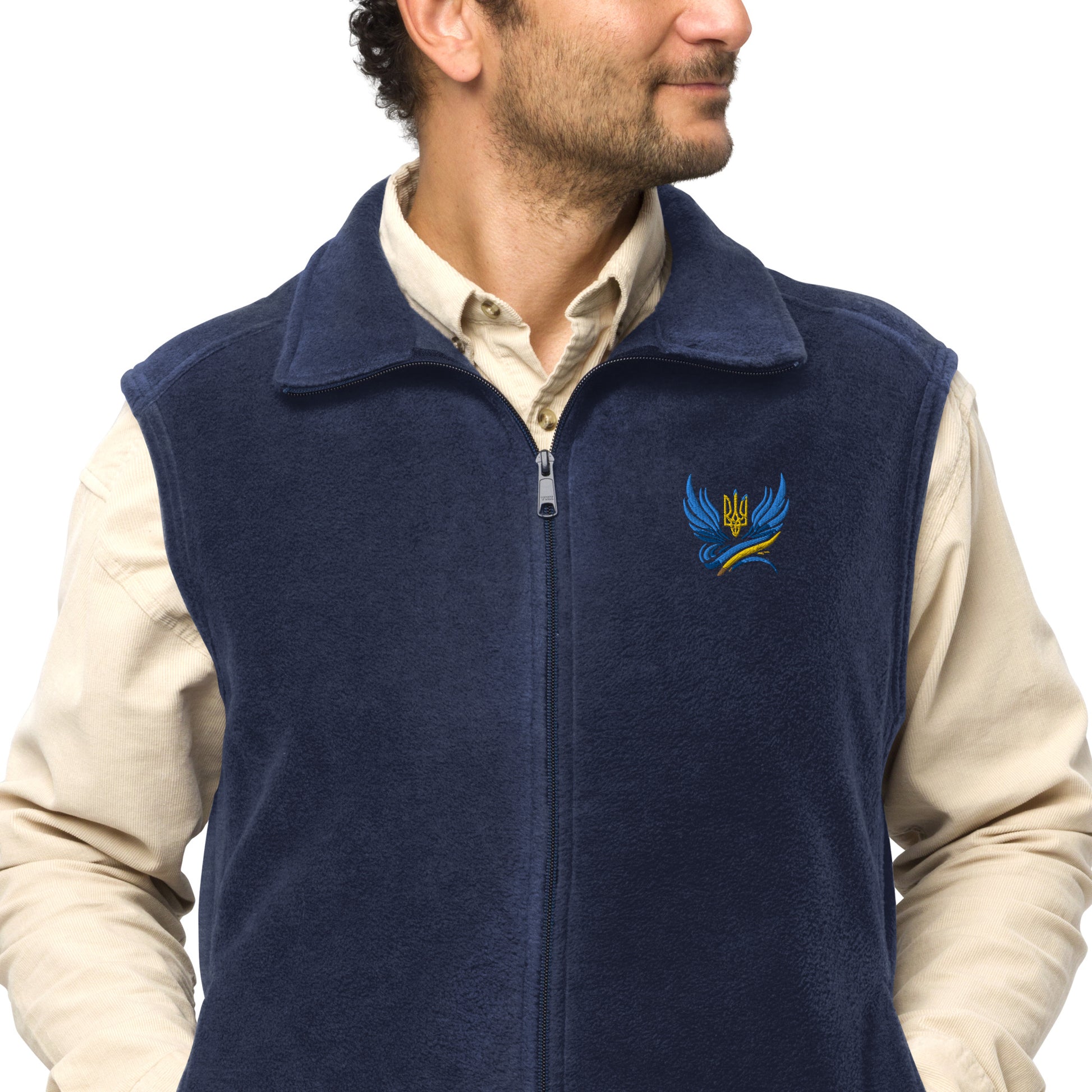 Men's Columbia fleece vest with Ukrainian Vibe logo, featuring zippered pockets for warmth and style.