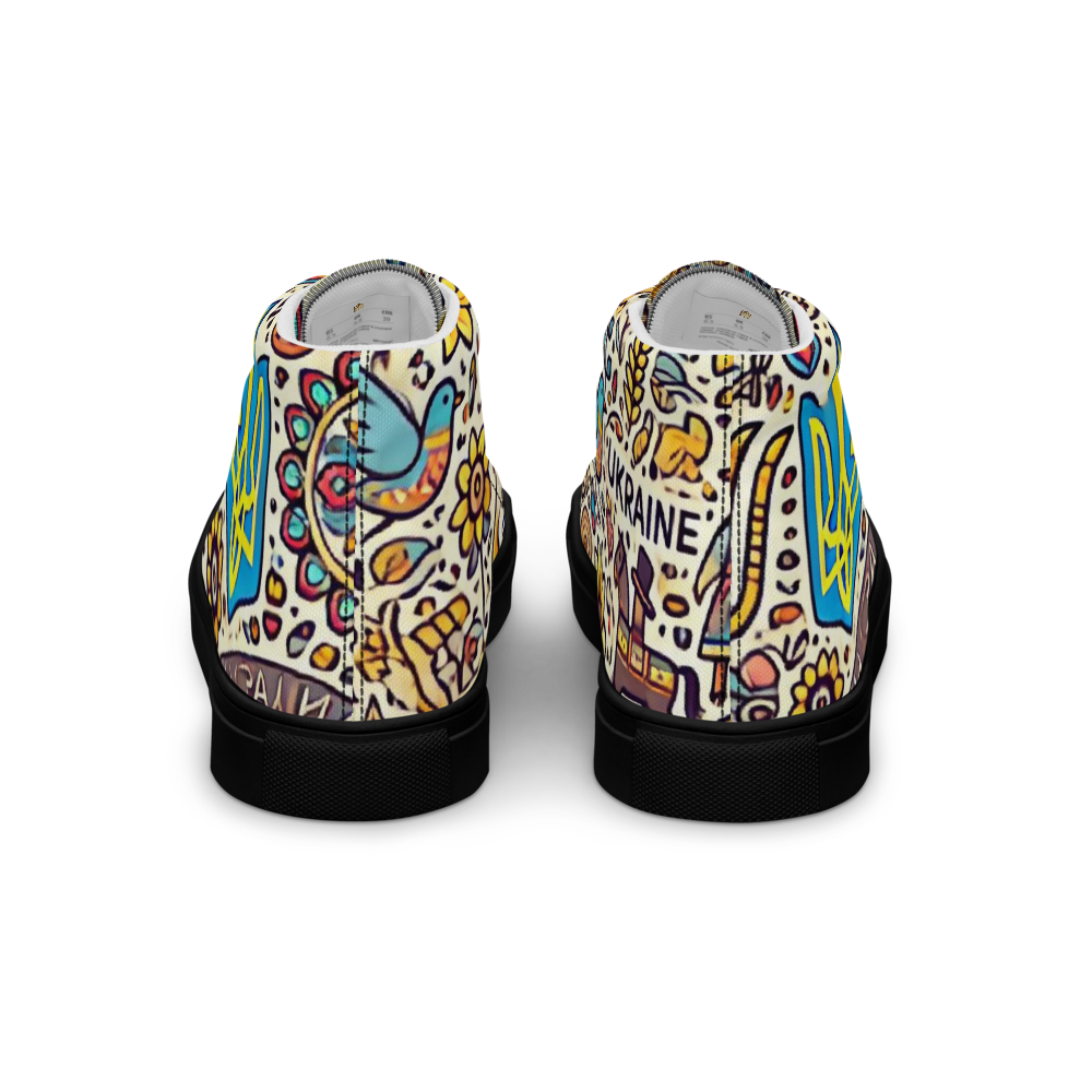 High top canvas shoes with vibrant Ukrainian symbolic design, featuring a bold faux leather toe cap and comfortable padded collar.
