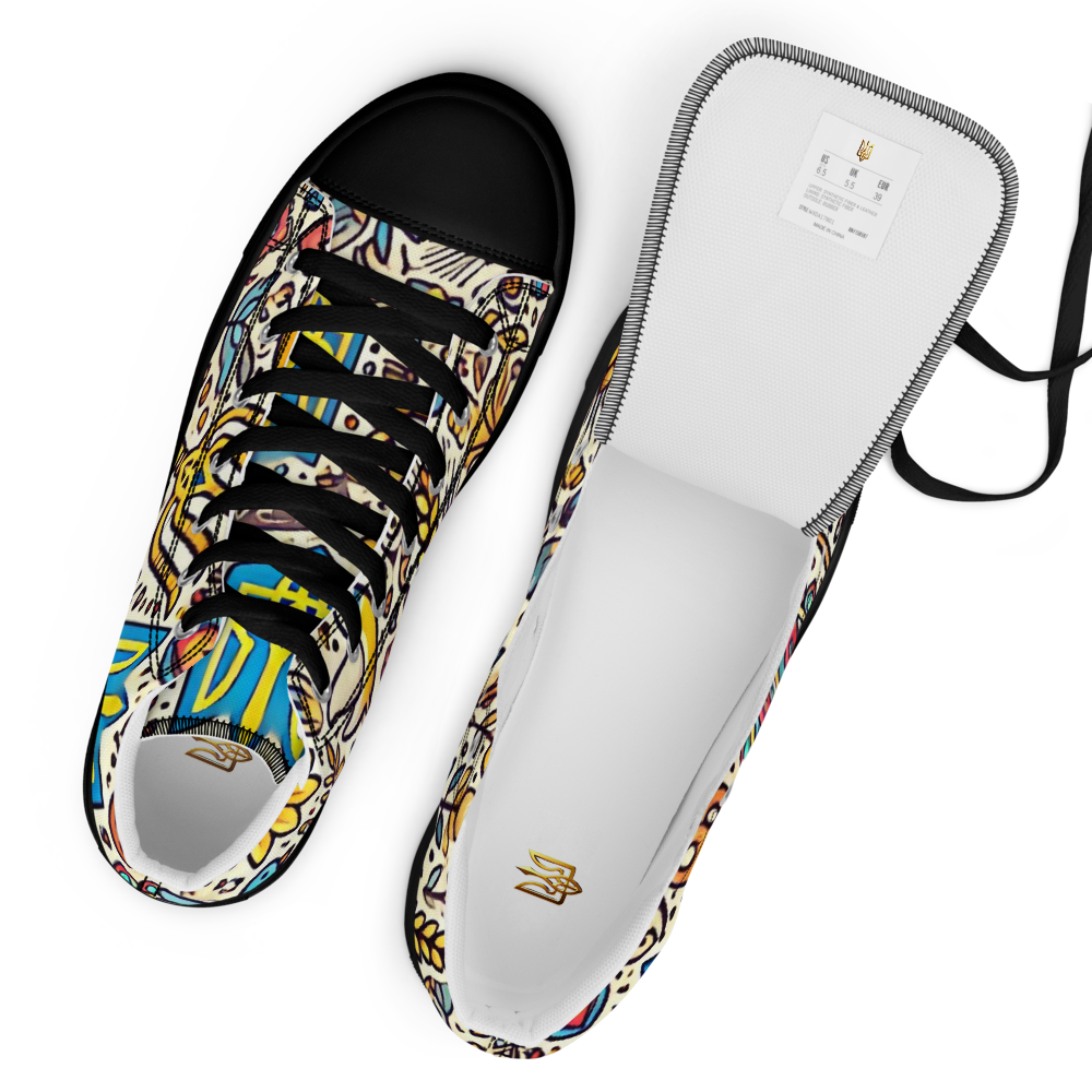 High top canvas shoes with bold Ukrainian symbolic design, featuring lace-up front and faux leather toe cap, showcasing unique artistic patterns.