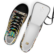 High top canvas shoes with bold Ukrainian symbolic design, featuring lace-up front and faux leather toe cap, showcasing unique artistic patterns.