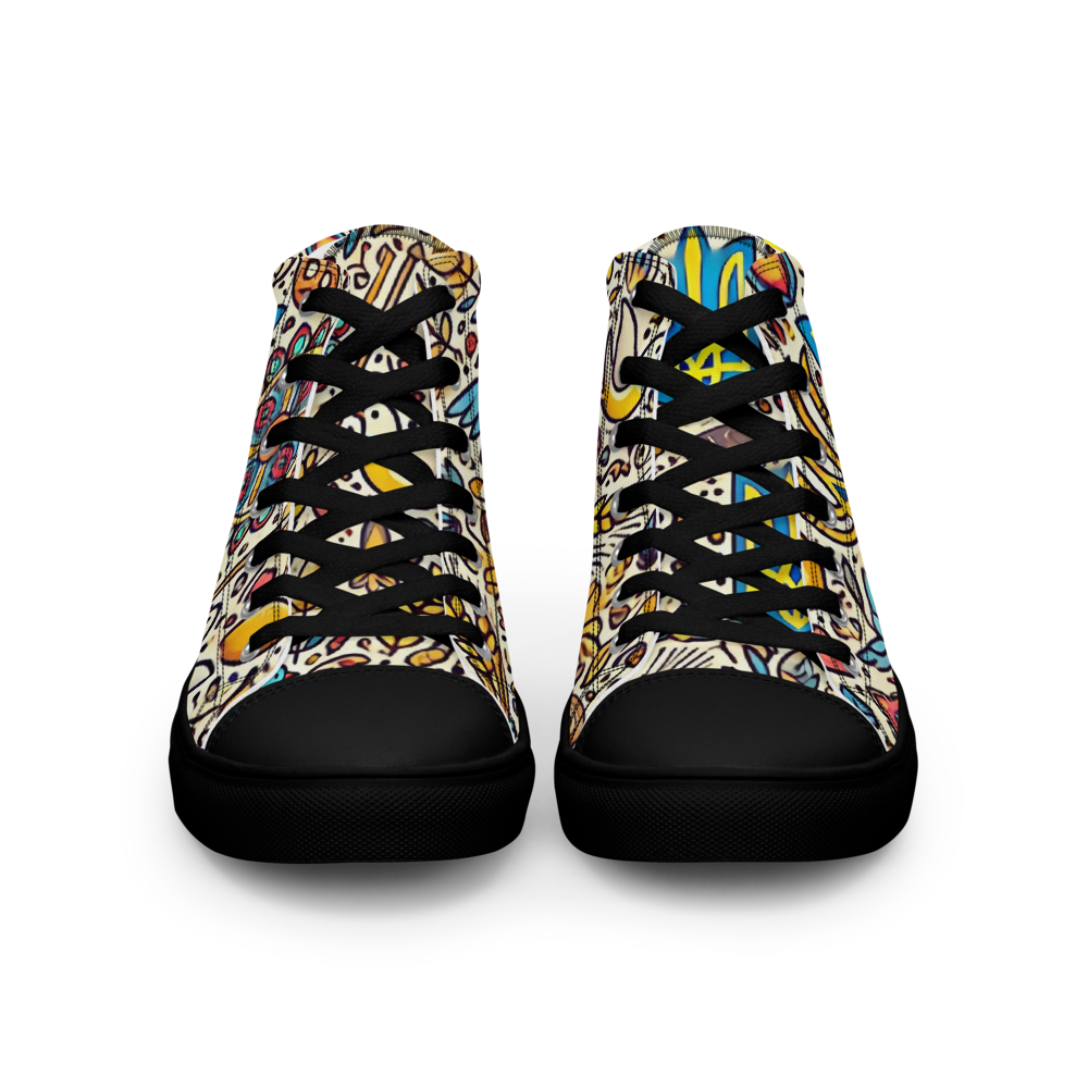 High top canvas shoes with colorful Ukrainian symbolic design, featuring black laces and faux leather toe cap, front view.