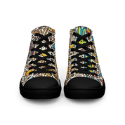 High top canvas shoes with colorful Ukrainian symbolic design, featuring black laces and faux leather toe cap, front view.