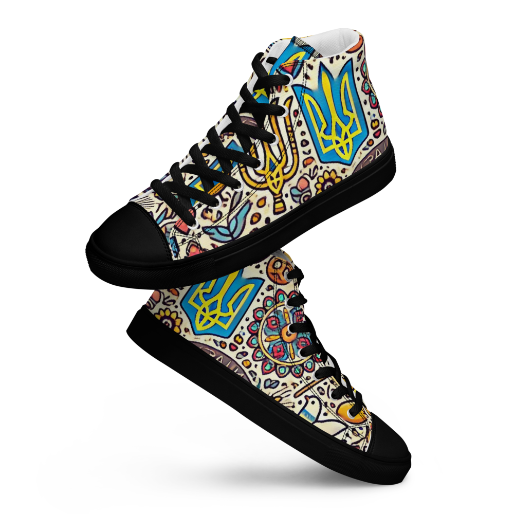 High top canvas shoes with colorful Ukrainian symbolic design, featuring faux leather toe cap and lace-up front for stylish everyday wear.