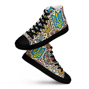 High top canvas shoes with colorful Ukrainian symbolic design, featuring faux leather toe cap and lace-up front for stylish everyday wear.