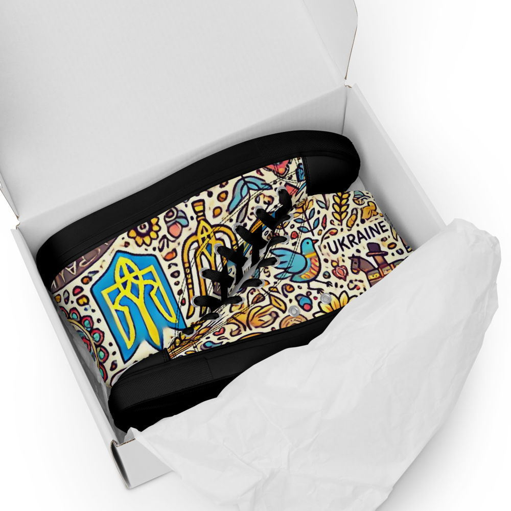 High top canvas shoes with Ukrainian symbolic design in an open box, showcasing bold colors and patterns.