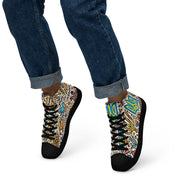 High top canvas shoes with Ukrainian symbolic design, faux leather toe cap, and lace-up front, worn with rolled-up jeans.