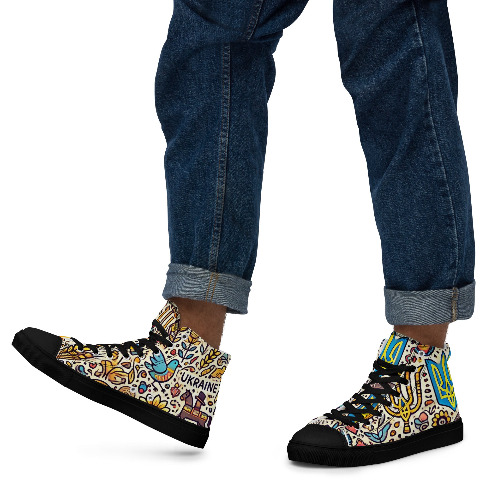 High top canvas shoes with colorful Ukrainian symbolic design, featuring faux leather toe cap and lace-up front for a stylish look.