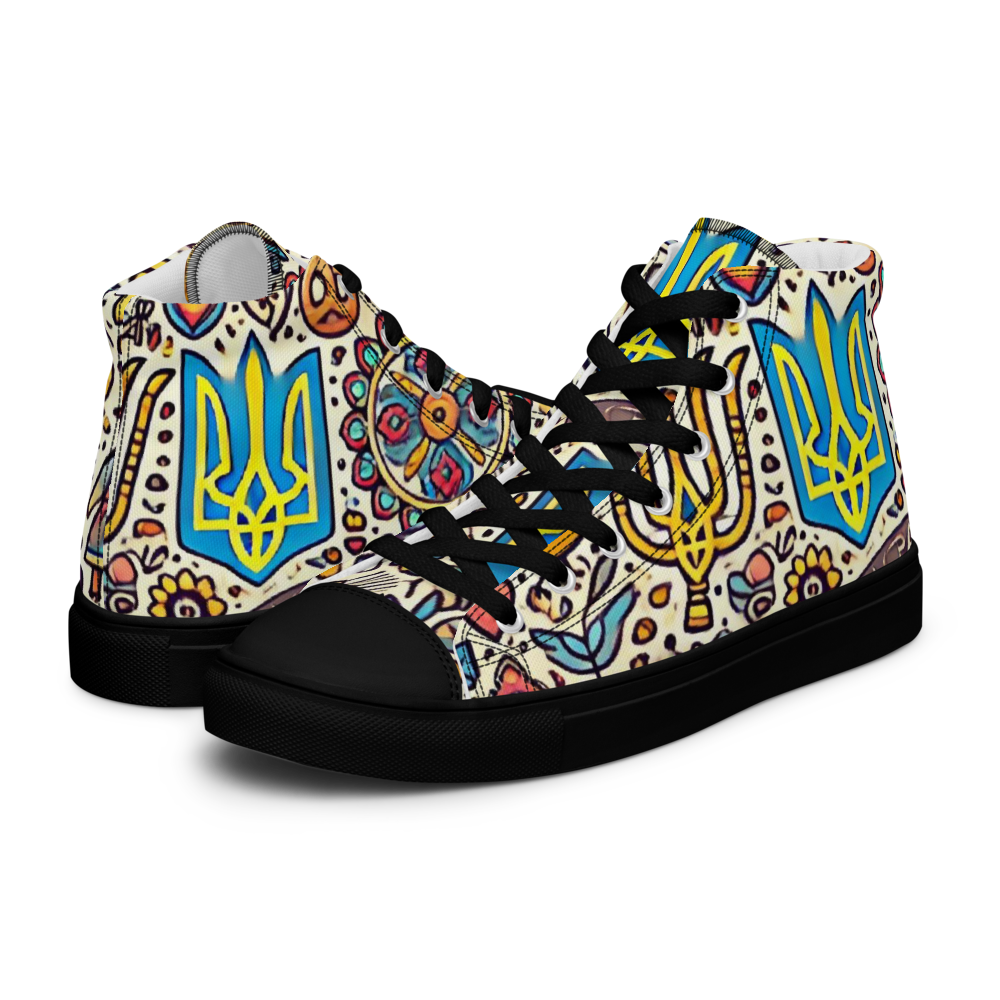 High top canvas shoes with Ukrainian symbolic design featuring bold patterns, faux leather toe cap, and lace-up front.