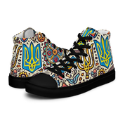 High top canvas shoes with Ukrainian symbolic design featuring bold patterns, faux leather toe cap, and lace-up front.