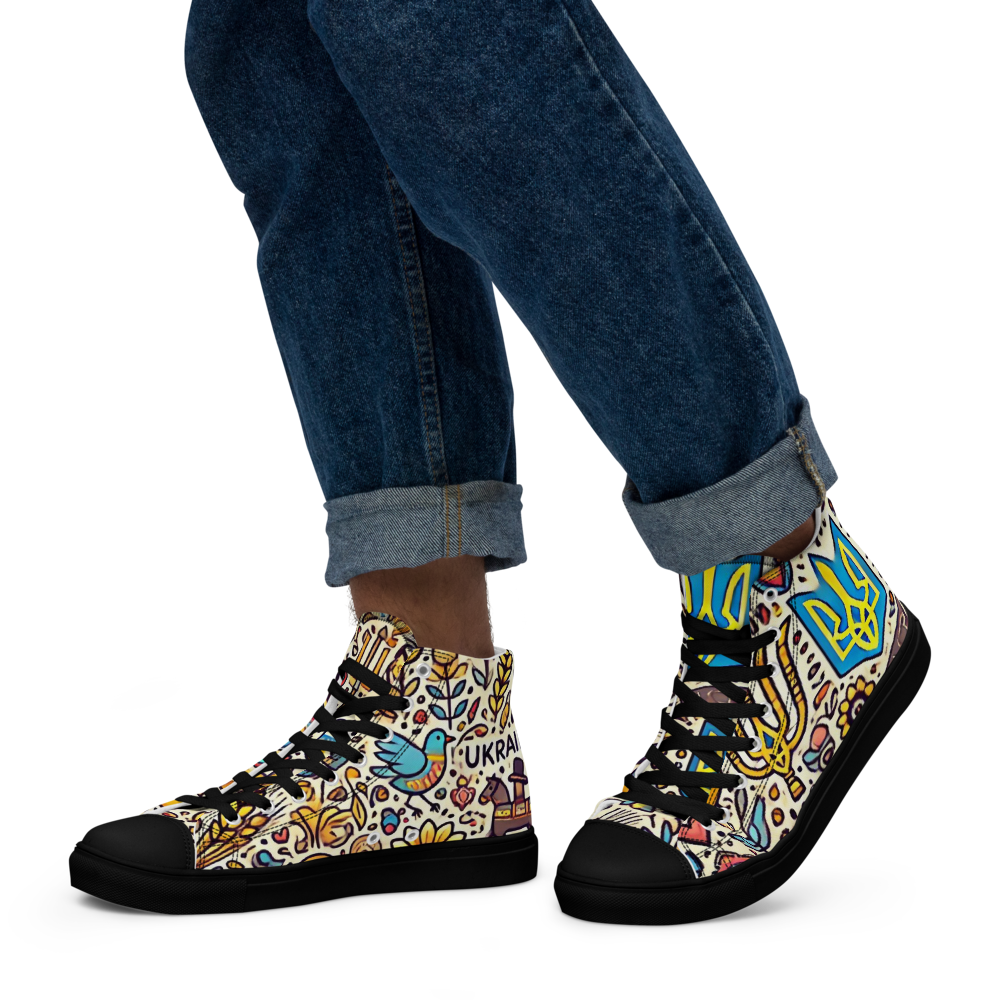 High top canvas shoes with Ukrainian symbolic design, featuring vibrant colors and faux leather accents, perfect for stylish everyday wear.