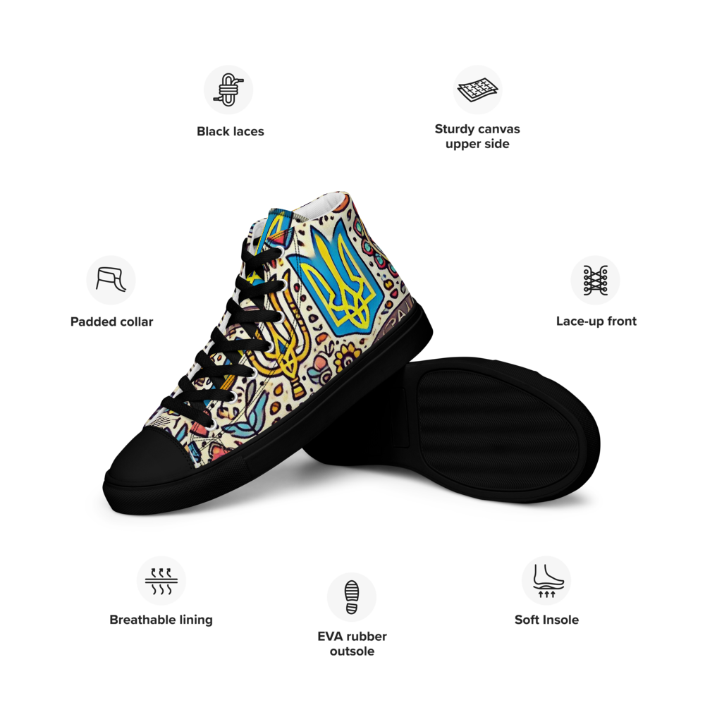 High top canvas shoes with Ukrainian symbolic design, featuring breathable lining, leather toe cap, and lace-up front for trendy style.