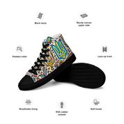 High top canvas shoes with Ukrainian symbolic design, featuring breathable lining, leather toe cap, and lace-up front for trendy style.