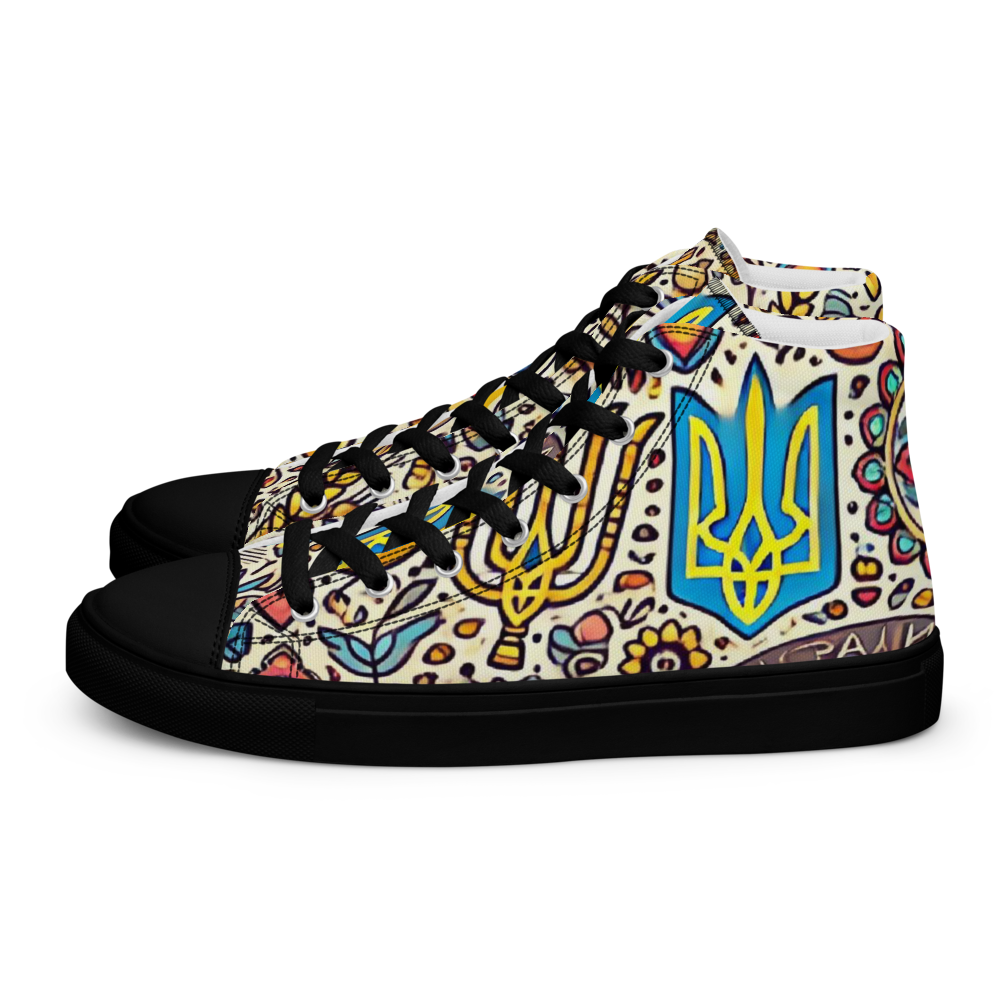 High top canvas shoes with Ukrainian symbolic design, colorful patterns, black laces, and faux leather toe cap. Perfect for casual wear.