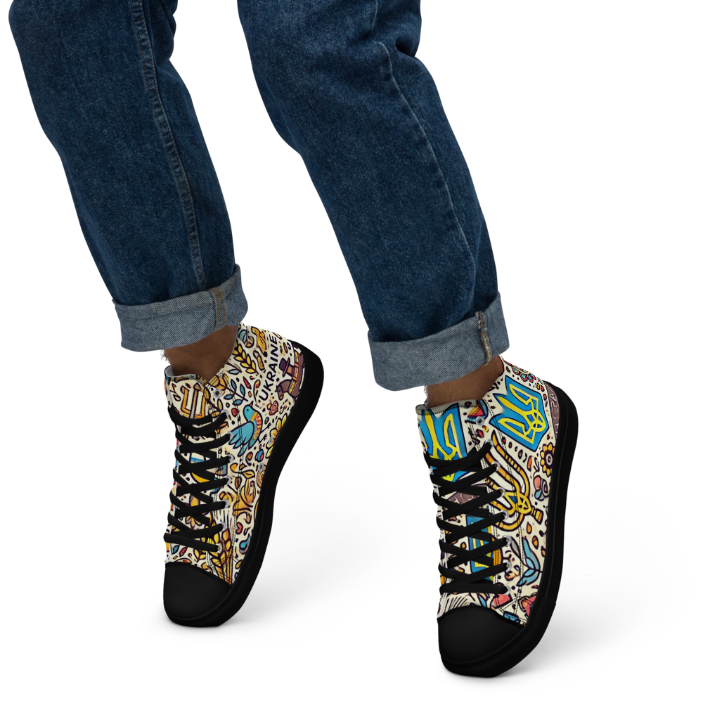 High top canvas shoes with colorful Ukrainian symbolic design and black faux leather toe cap in a casual setting.