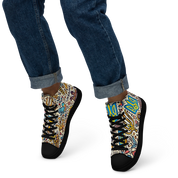 High top canvas shoes with colorful Ukrainian symbolic design and black faux leather toe cap in a casual setting.