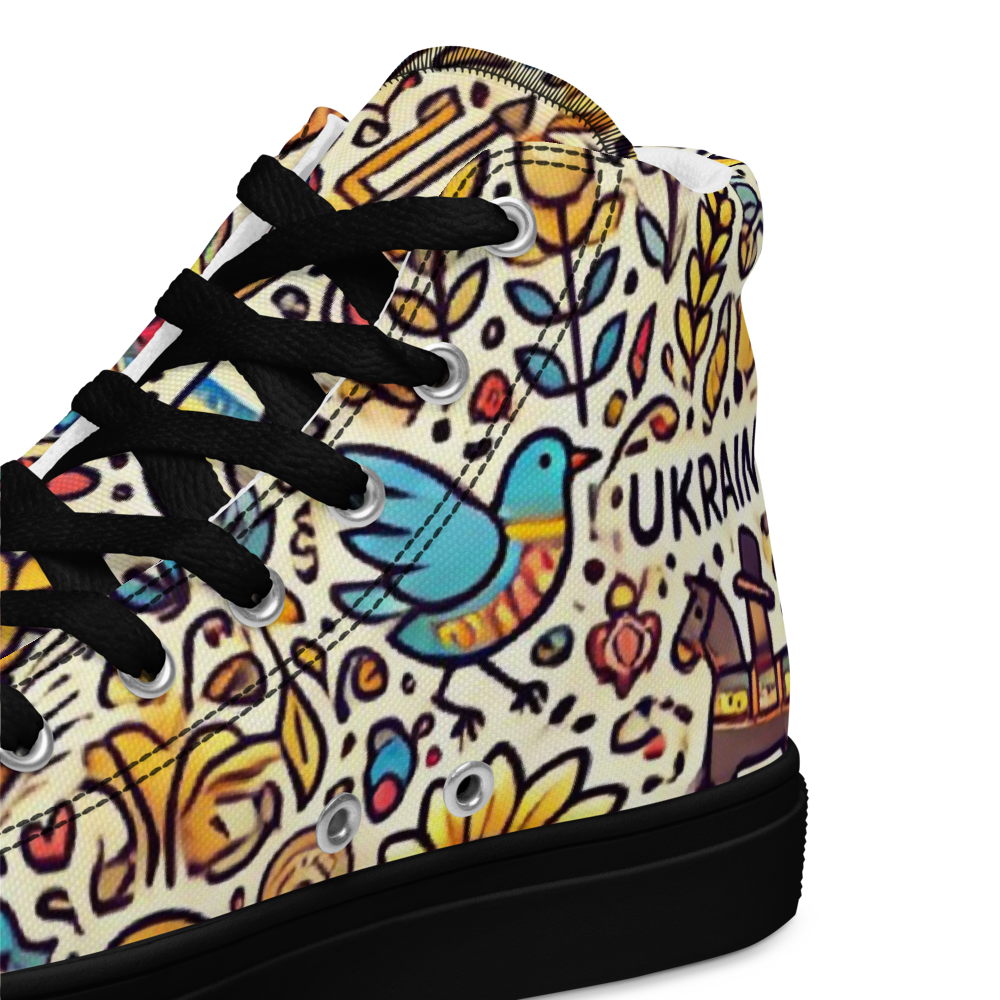 High top canvas shoe with colorful Ukrainian symbols, featuring a bird and floral patterns. Stylish and comfortable footwear design.