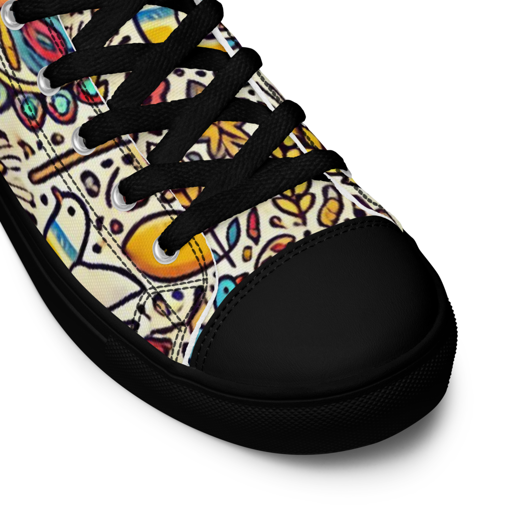 High top canvas shoe with colorful Ukrainian symbolic design and black faux leather toe cap.