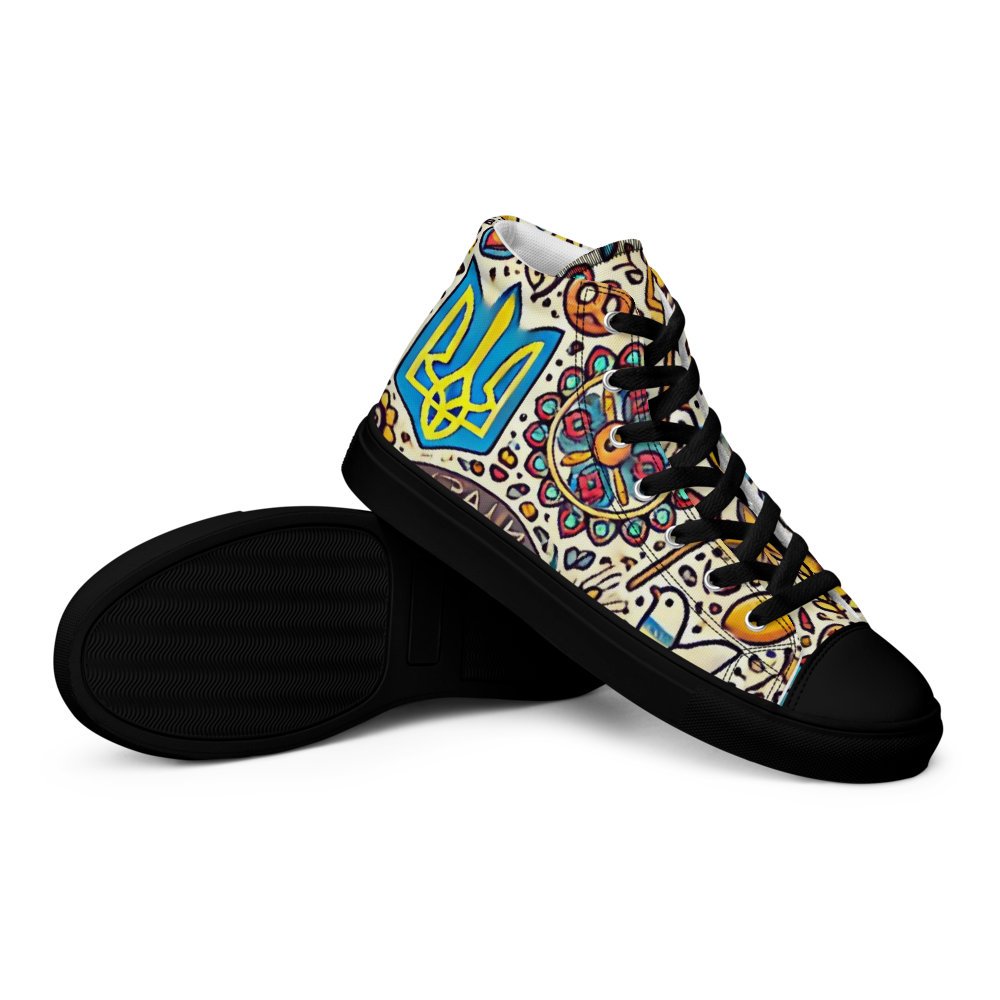 High top canvas shoes with Ukrainian symbolic design, featuring vibrant patterns, faux leather toe cap, and lace-up front.