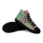 High top canvas shoes with Ukrainian symbolic design, featuring vibrant patterns, faux leather toe cap, and lace-up front.