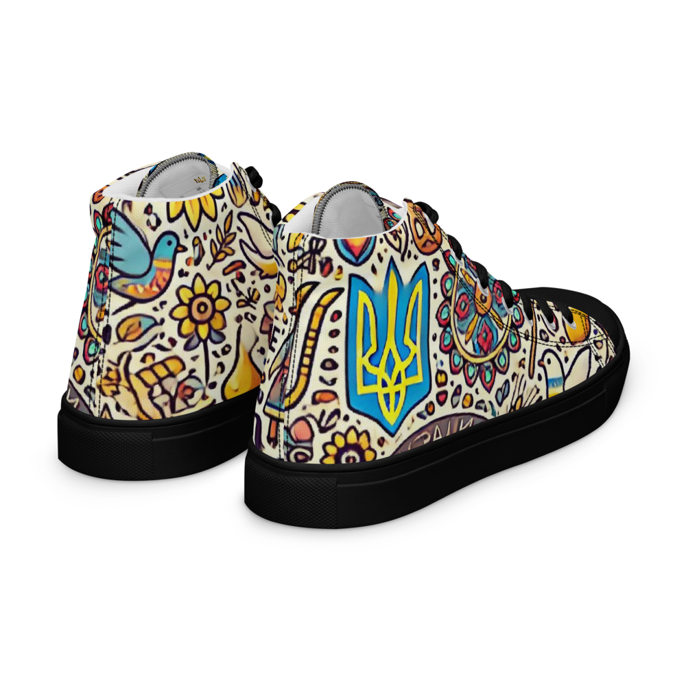 High top canvas shoes with vibrant Ukrainian symbolic design and faux leather toe cap, perfect for stylish and comfortable everyday wear.