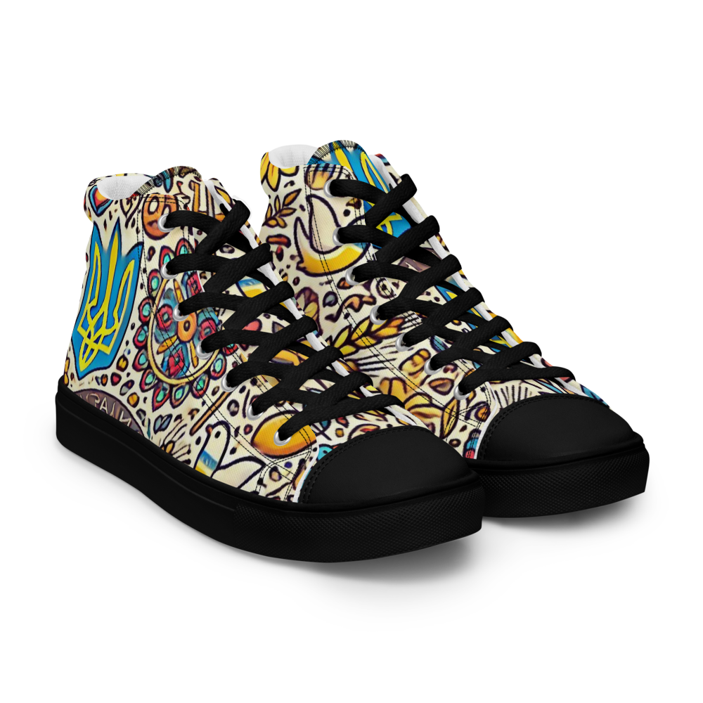 High top canvas shoes with bold Ukrainian symbolic design, featuring black laces and faux leather toe cap for stylish everyday wear.