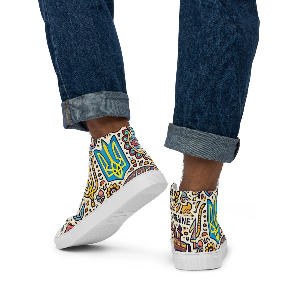 High top canvas shoes with Ukrainian symbolic design, showcasing vibrant patterns and a faux leather toe cap, worn with rolled-up jeans.