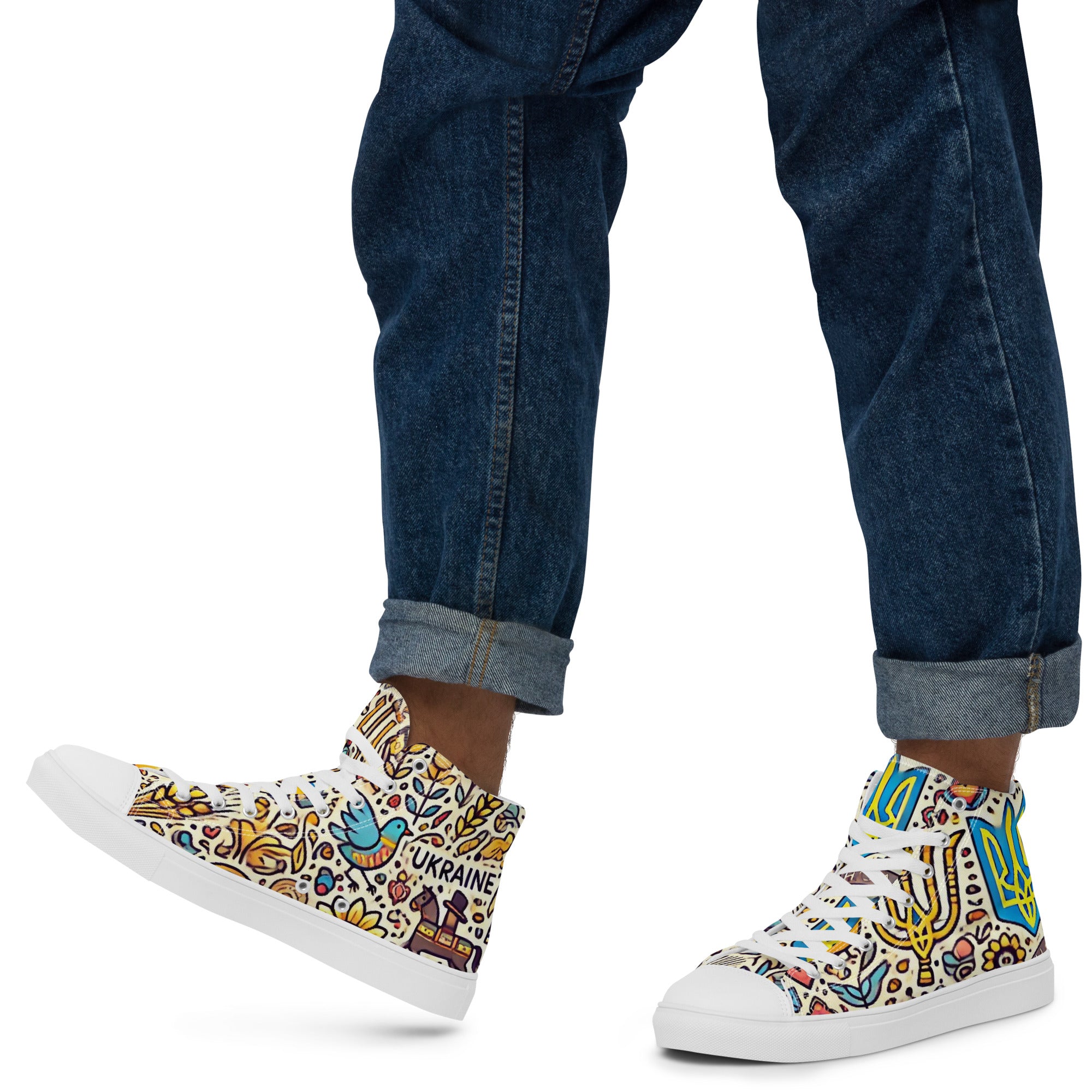 High top canvas shoes with Ukrainian symbolic design, featuring colorful patterns, faux leather toe cap, and lace-up front for stylish wear.