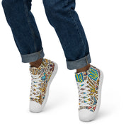 High top canvas shoes with Ukrainian design and faux leather toe cap, worn with rolled-up jeans for a stylish look.