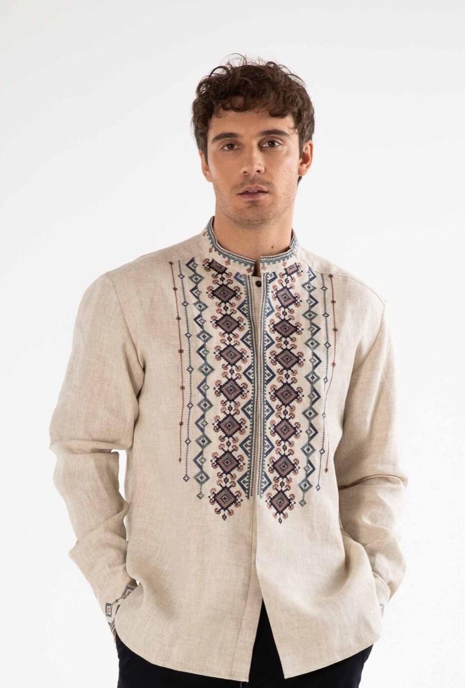 Men's linen embroidered shirt with Ukrainian Vyshyvanka folk motifs, featuring a stand-up collar and intricate designs.