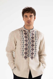 Men's linen embroidered shirt with Ukrainian Vyshyvanka folk motif and stand-up collar, featuring authentic embroidery pattern.