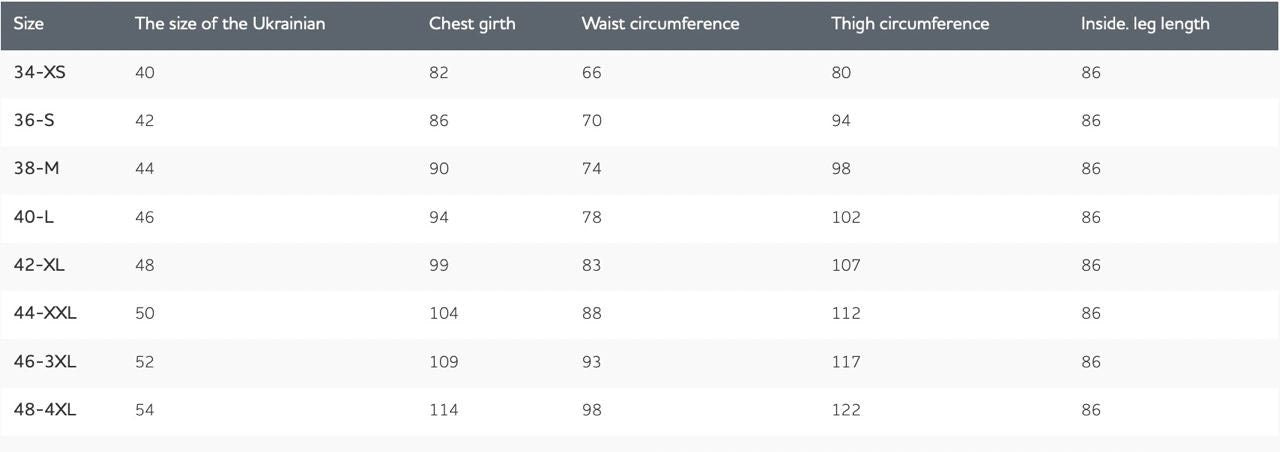 Size chart for men's Ukrainian shirts, detailing chest, waist, thigh circumferences, and inside leg length from XS to 4XL.