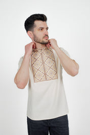 Men's short sleeve Ukrainian embroidered shirt with geometric pattern on front, linen-cotton blend, ideal for warm weather and festivals.