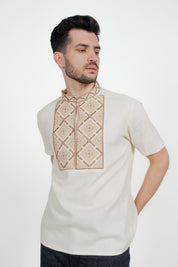 Men's short sleeve embroidered linen shirt with geometric pattern, traditional Ukrainian vyshyvanka, stylish gift for warm seasons.