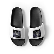 Black slip-on sandals with Ukrainian Tryzub emblem, comfortable and durable for indoor or outdoor use.