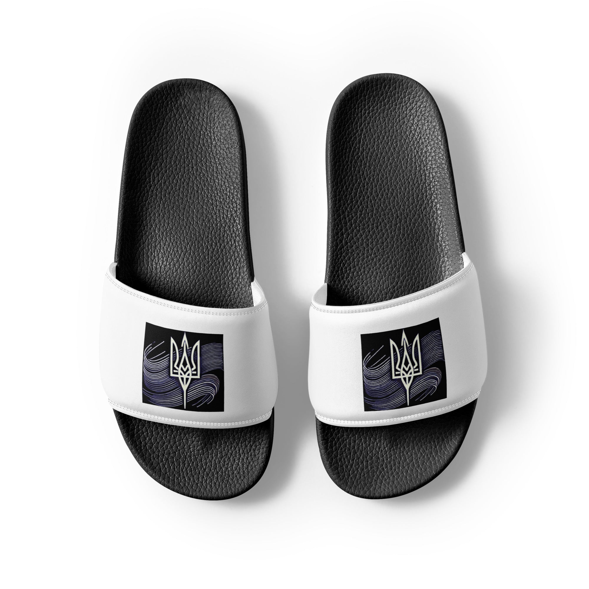 Black slip-on sandals with Ukrainian Tryzub emblem, comfortable and durable for indoor or outdoor use.