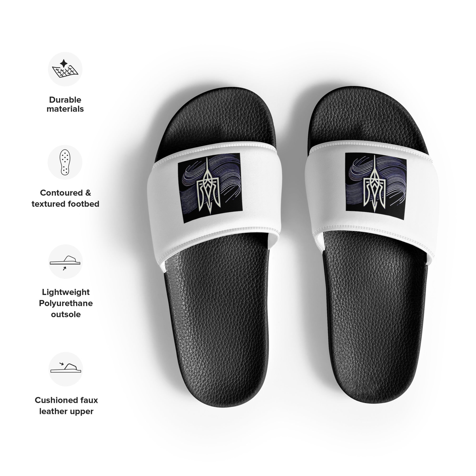 Black Pidkradyli sandals with Tryzub emblem, sleek slip-on design, durable, water-resistant materials with contoured footbed.