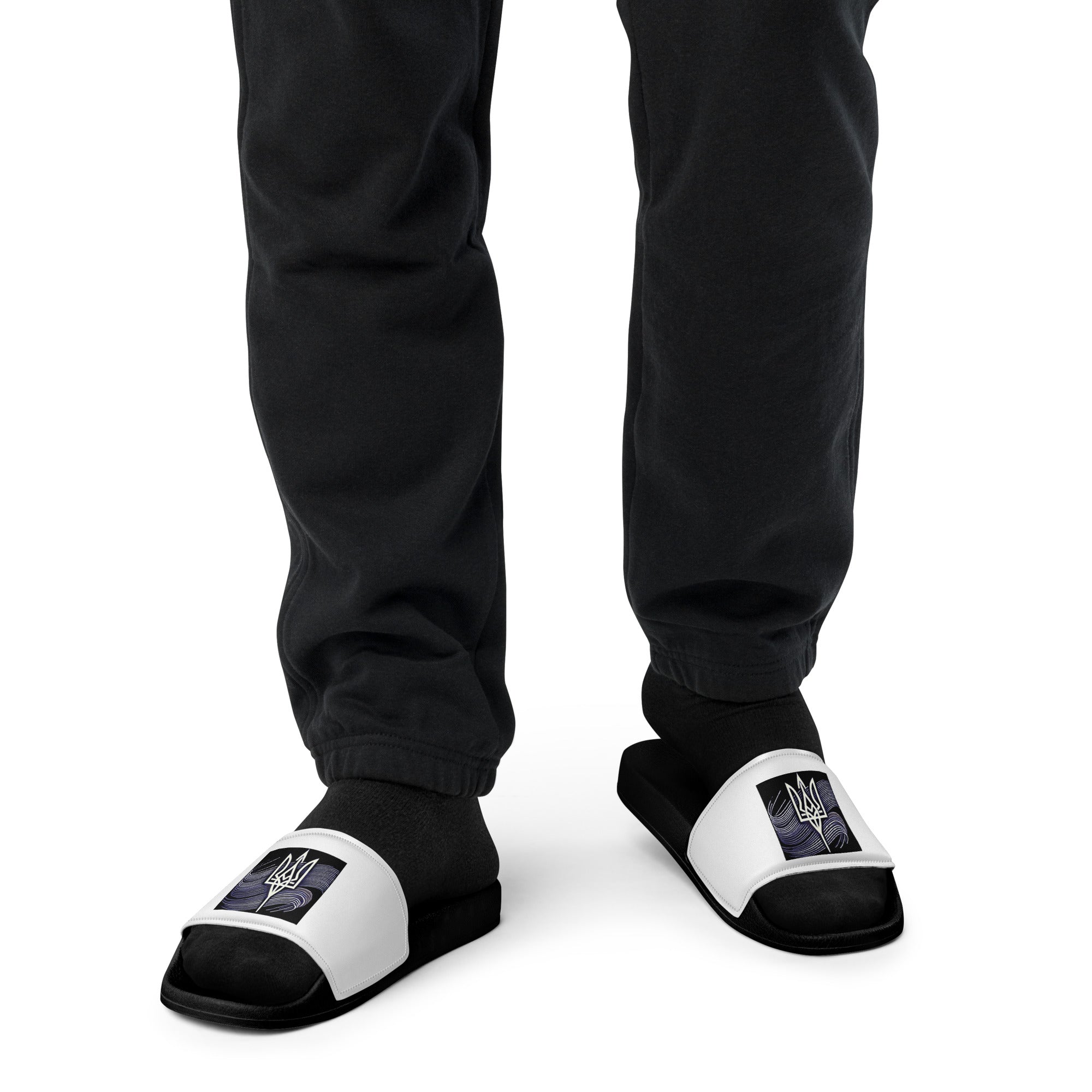 Men's Pidkradyli Sandals with Ukrainian Tryzub in black and white style, comfortable slip-on for casual wear.