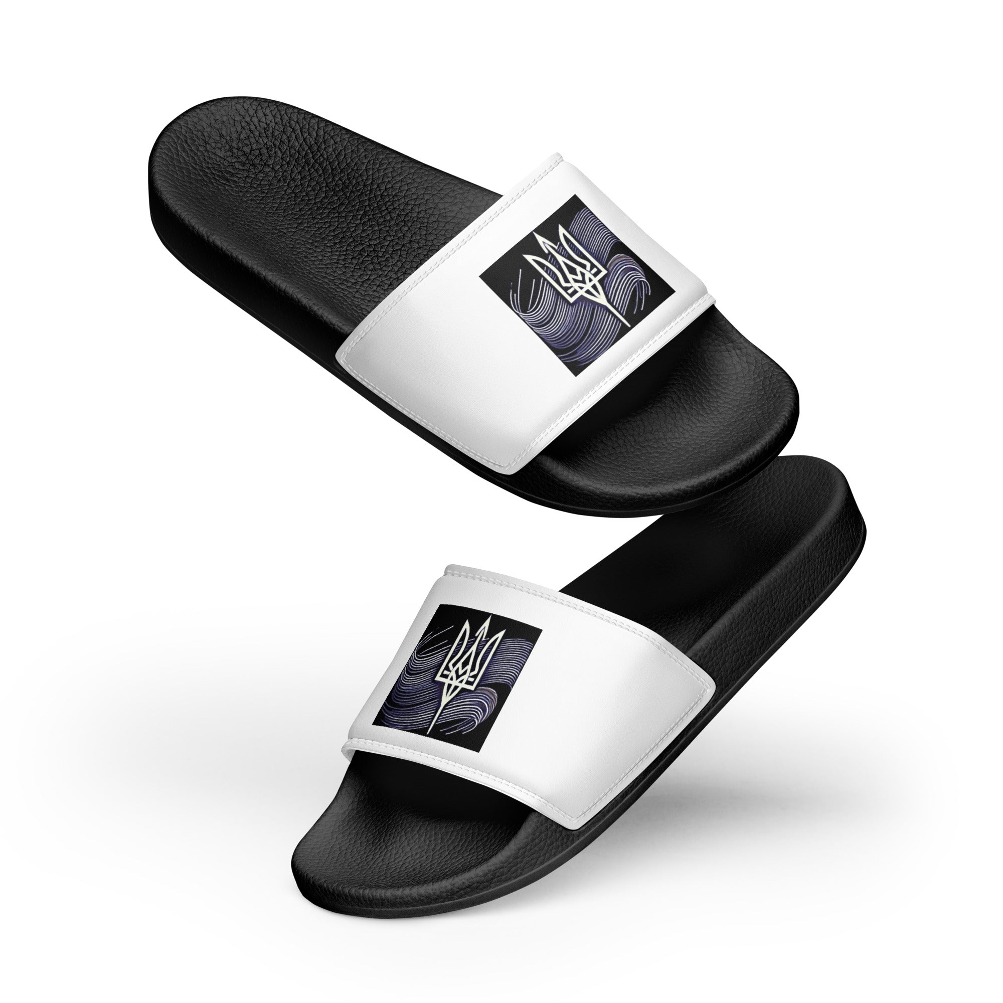 Men's black and white slip-on sandals with Ukrainian Tryzub emblem, comfortable and water-resistant, perfect for casual wear.