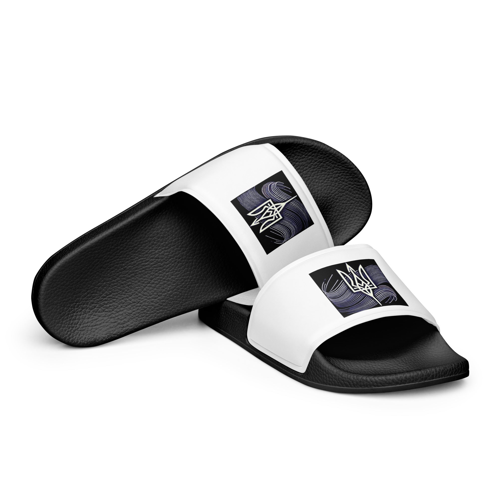 Black and white men's "Pidkradyli" sandals featuring the Ukrainian Tryzub emblem, lightweight and comfortable for casual wear.