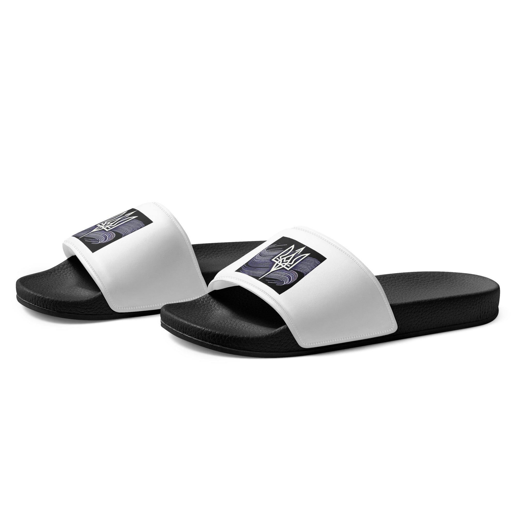 Black and white 'Pidkradyli' slip-on sandals with Tryzub emblem, comfortable and modern design for casual wear.