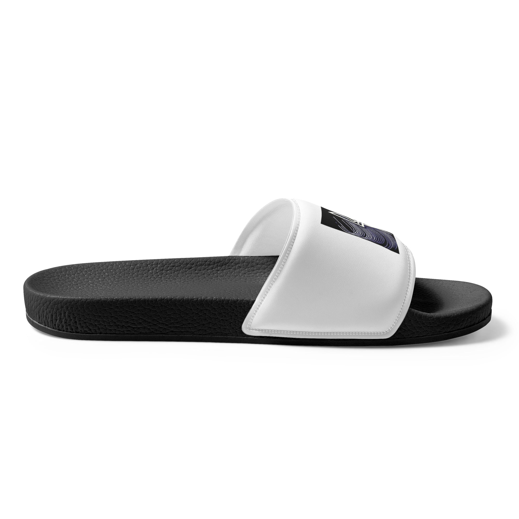 Black and white "Pidkradyli" men's slip-on sandal with Ukrainian Tryzub emblem, lightweight and water-resistant for versatile use.