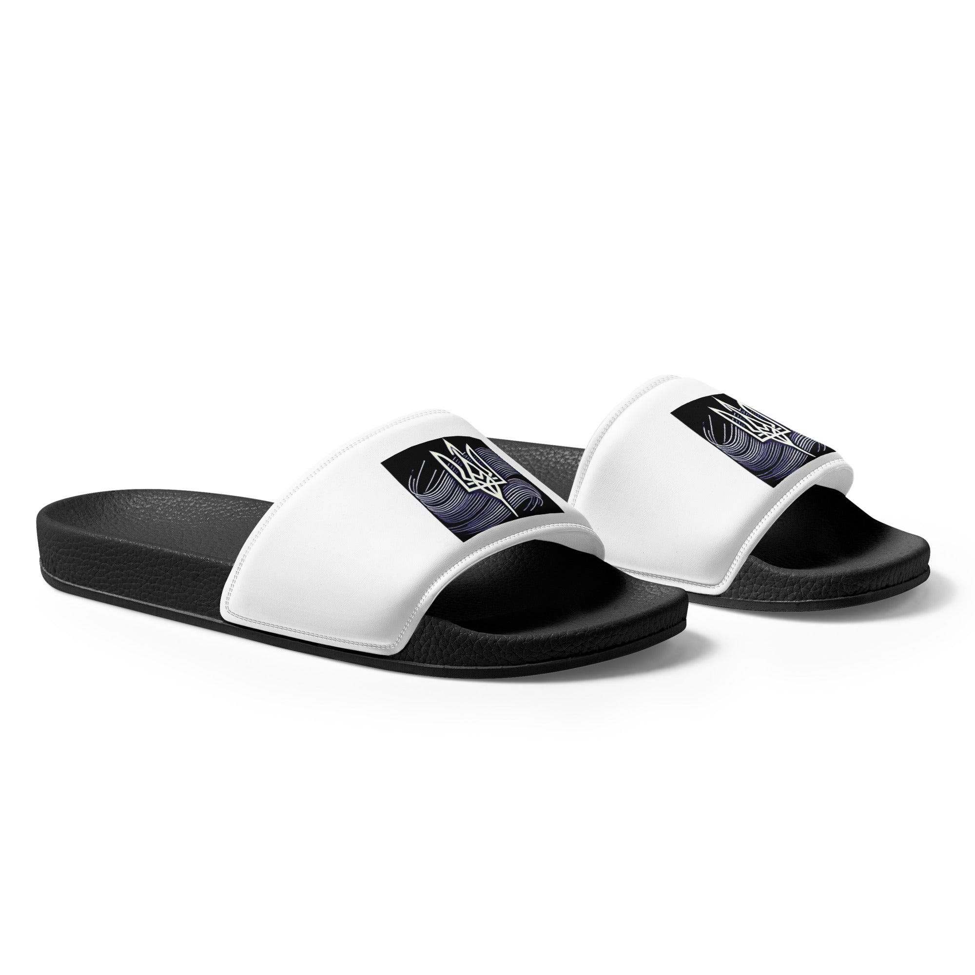 Black and white men's 'Pidkradyli' slip-on sandals with Ukrainian Tryzub emblem, lightweight and water-resistant for casual wear.
