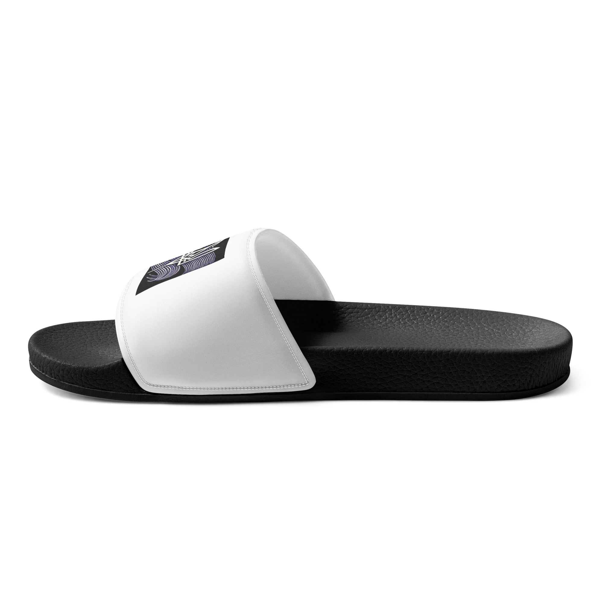 Black and white Pidkradyli slip-on sandal featuring Ukrainian Tryzub emblem, perfect for casual wear and comfort.