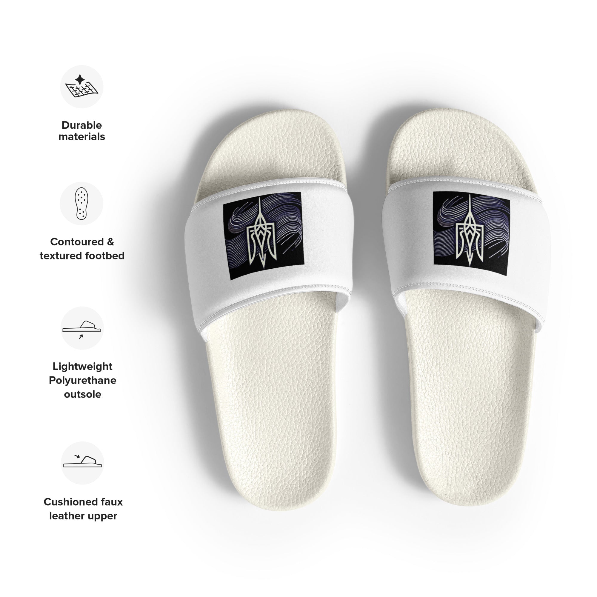 Men's black 'Pidkradyli' sandals with Ukrainian Tryzub emblem, featuring comfortable faux leather and durable materials.