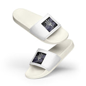 Black and white slip-on men's sandals with Ukrainian Tryzub emblem, durable and comfortable for indoor and outdoor use.