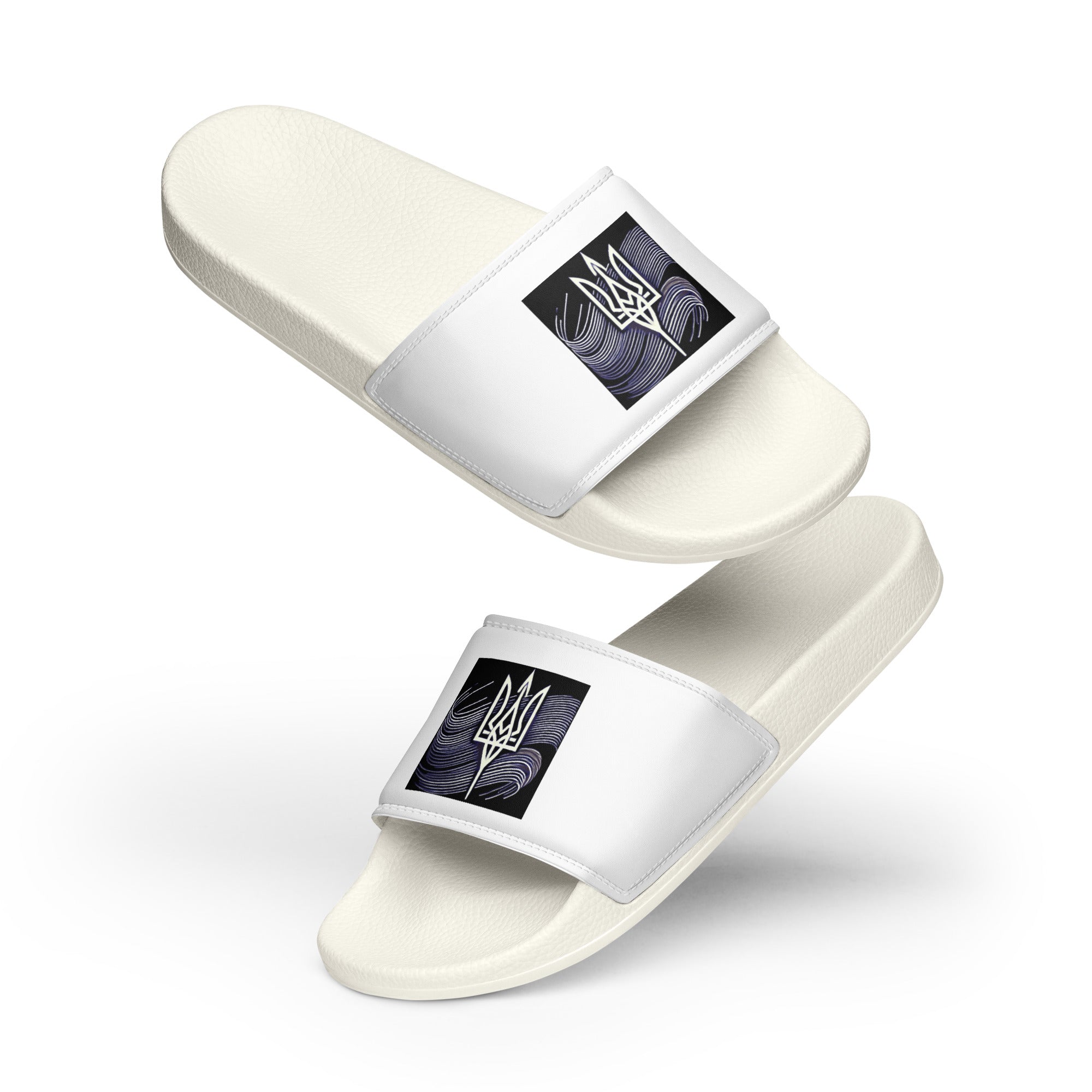 Black and white slip-on men's sandals with Ukrainian Tryzub emblem, durable and comfortable for indoor and outdoor use.